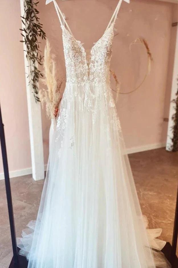 Beautiful Long A-line Backless Tulle Wedding Dresses with Appliques Lace (ZD14279)