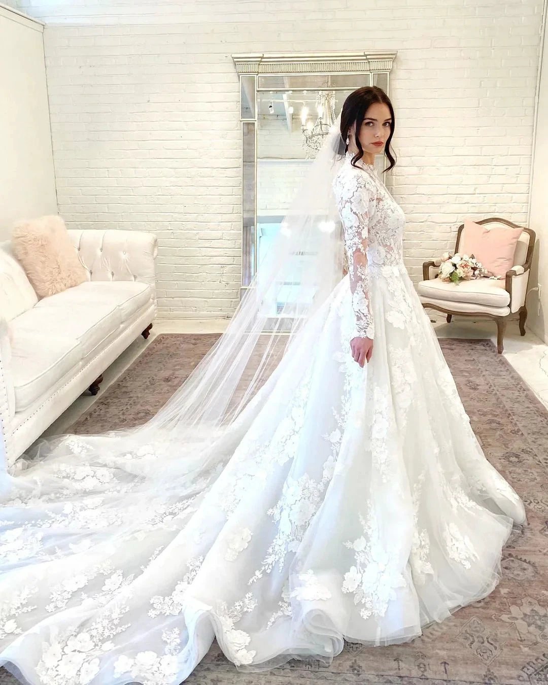Beautiful Long A-line High Neck Lace Open Back Wedding Dress with Sleeves (ZD14292)