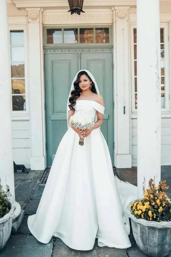 Beautiful Long A-line Off the Shoulder Satin Wedding Dresses (ZD16727)