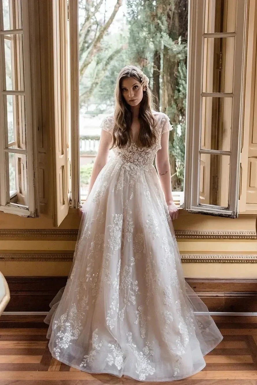 Beautiful Long A-line V-neck Lace Wedding Dresses With Cap Sleeves (ZD14828) - VelvetHem