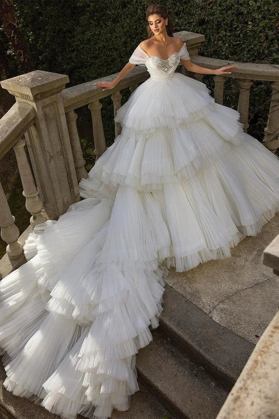Beautiful Long Ball Gown Ruched Portrait  Cathedral Wedding Dresses With Beading (ZD14946)
