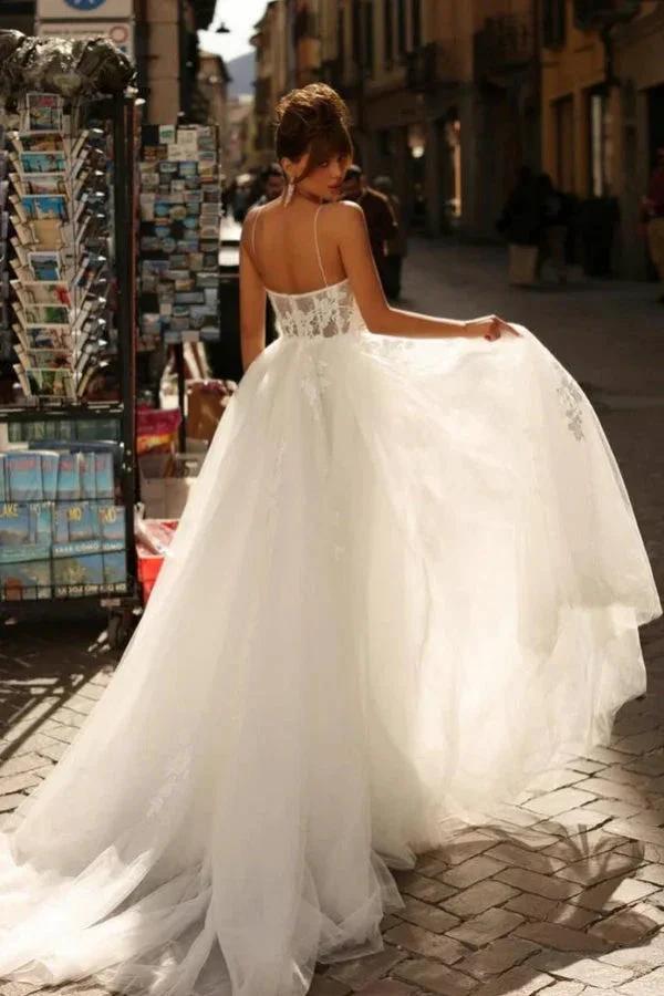 Beautiful Long Ivory A-line Spaghetti Straps Lace Tulle Wedding Dress (ZD15517)