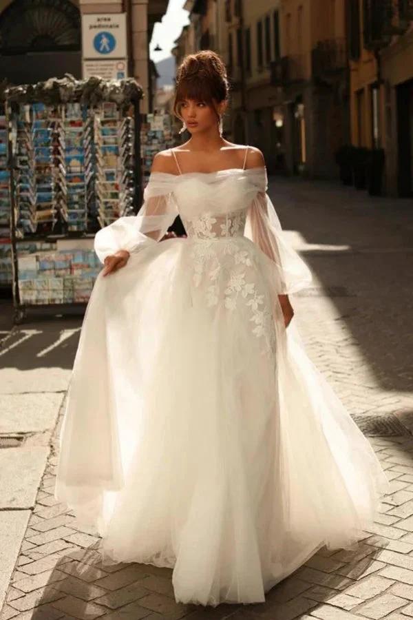Beautiful Long Ivory A-line Spaghetti Straps Lace Tulle Wedding Dress (ZD15517)