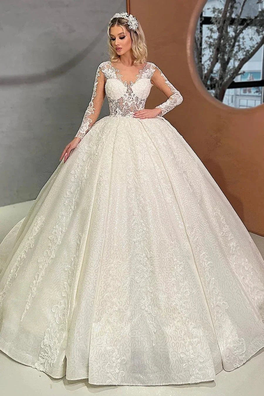 Beautiful Long Ivory Ball Gown Lace V-neck Wedding Dress (ZD14932) - VelvetHem