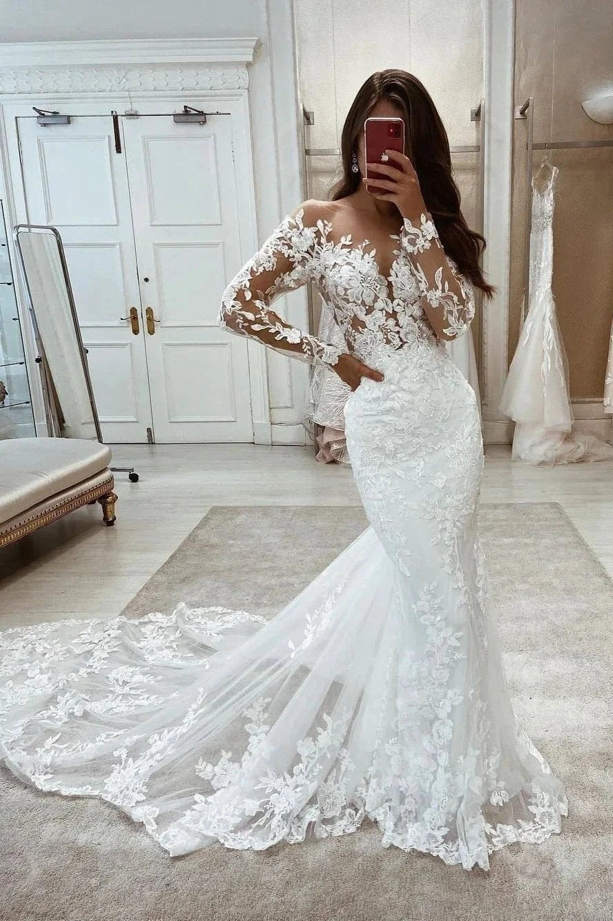 Beautiful Long Mermaid Long Sleeves Lace V-neck Wedding Dress (ZD16401) - VelvetHem