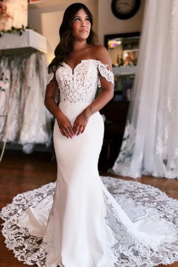 Beautiful Long Mermaid Off-the-shoulder Lace Satin Wedding Dress (ZD16476)