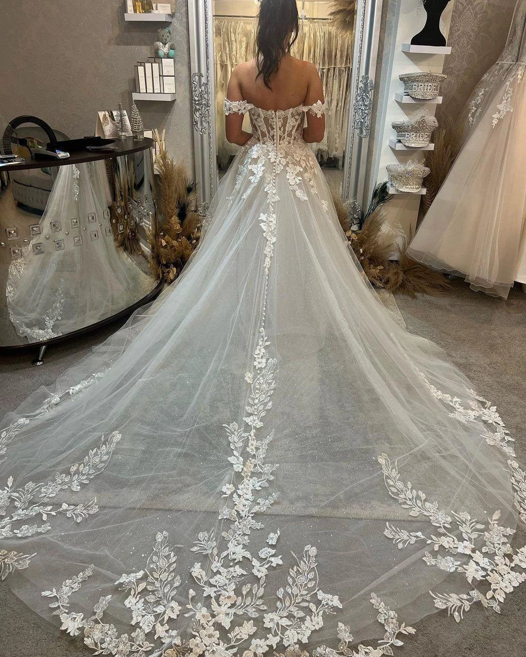 Beautiful Long Off-the-shoulder A-line Appliques Wedding Dress With Train (ZD16441)