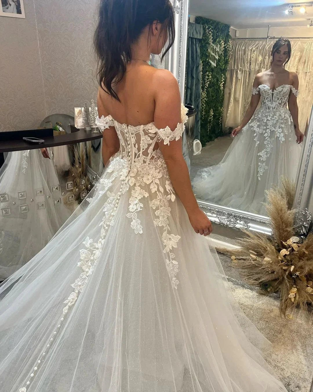 Beautiful Long Off-the-shoulder A-line Appliques Wedding Dress With Train (ZD16441)