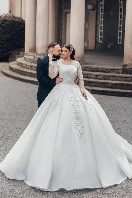 Beautiful Long White A-line Square Neck Lace Wedding Dress with Long Sleeves (ZD15550)