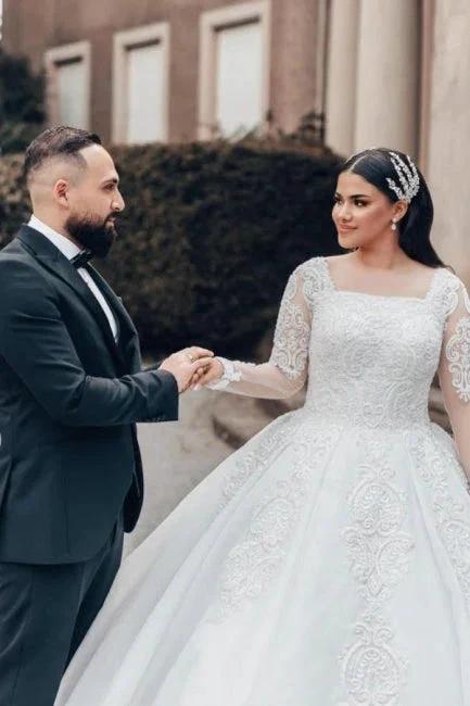 Beautiful Long White A-line Square Neck Lace Wedding Dress with Long Sleeves (ZD15550)