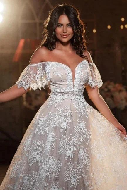 Beautiful Off-the-shoulder Short Sleeve A-Line Floor-Length Lace Wedding Dresses (ZD14671)