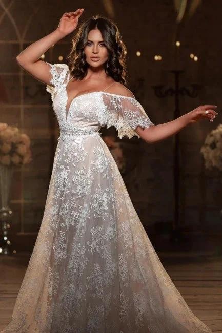 Beautiful Off-the-shoulder Short Sleeve A-Line Floor-Length Lace Wedding Dresses (ZD14671)