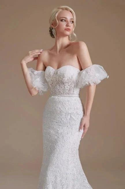 Beautiful Off-the-shoulder Sleeveless Mermaid Floor-Length Lace Wedding Dresses with Applique (ZD14660)