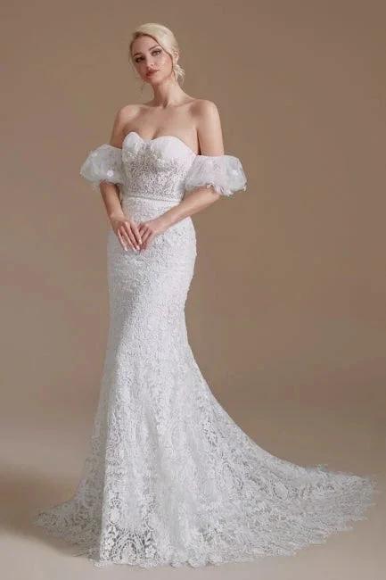 Beautiful Off-the-shoulder Sleeveless Mermaid Floor-Length Lace Wedding Dresses with Applique (ZD14660) - VelvetHem