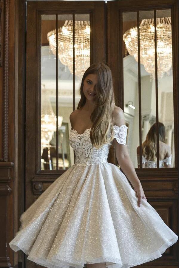 Beautiful Short A-line Glitter Off-the-Shoulder Lace Appliques Wedding Dress (ZD15173) - VelvetHem