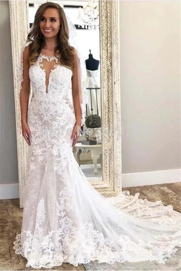 Beautiful Sleeveless Column Lace Wedding Dress On Sale (ZD13810) - VelvetHem