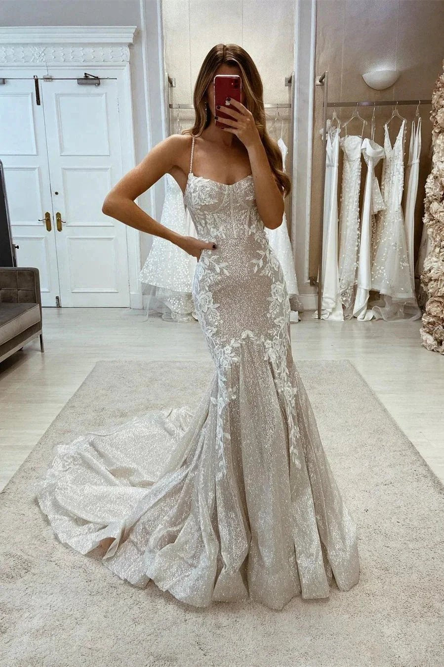 Beautiful Spaghetti Straps Mermaid Sleeveless Glitter Wedding Dress With Train (ZD14573)
