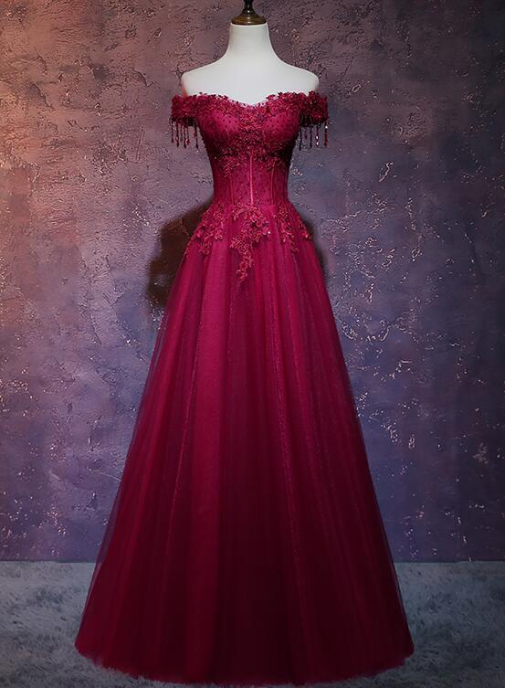 Beautiful Wine Red Tulle Sweetheart Long Prom Dress A-line Party Dress - VelvetHem