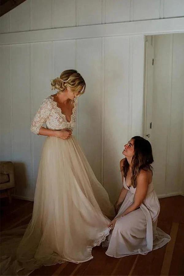 Belt Tulle V-neck Half Sleeves A-line Wedding Dress Bridal Gown (ZD16324) - VelvetHem