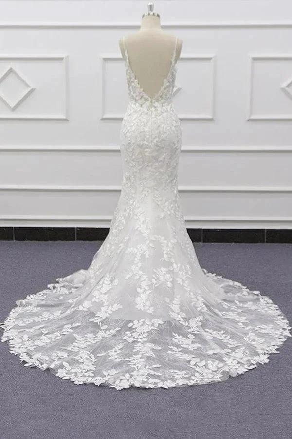 Best Long Mermaid Spaghetti Strap Appliques Lace Wedding Dress (ZD14428)