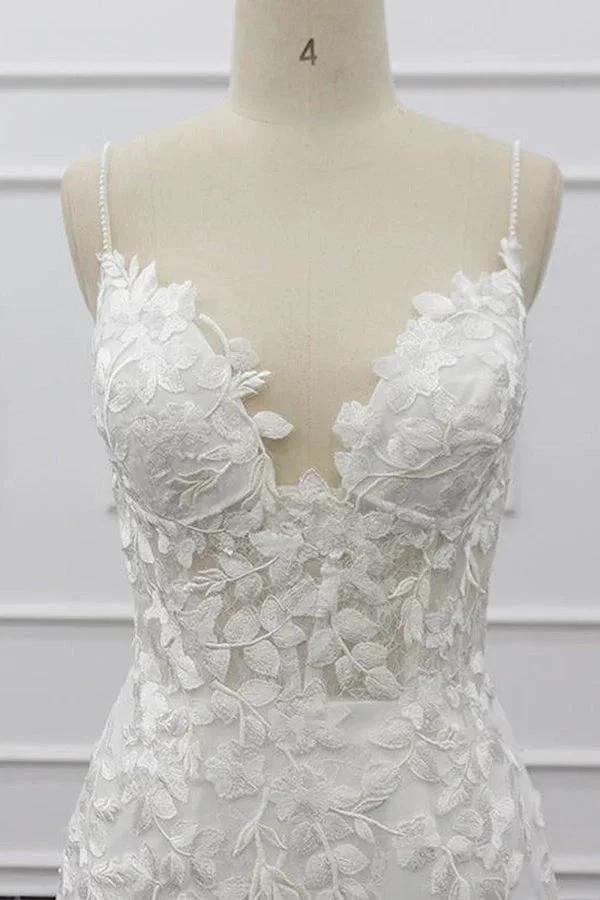 Best Long Mermaid Spaghetti Strap Appliques Lace Wedding Dress (ZD14428)