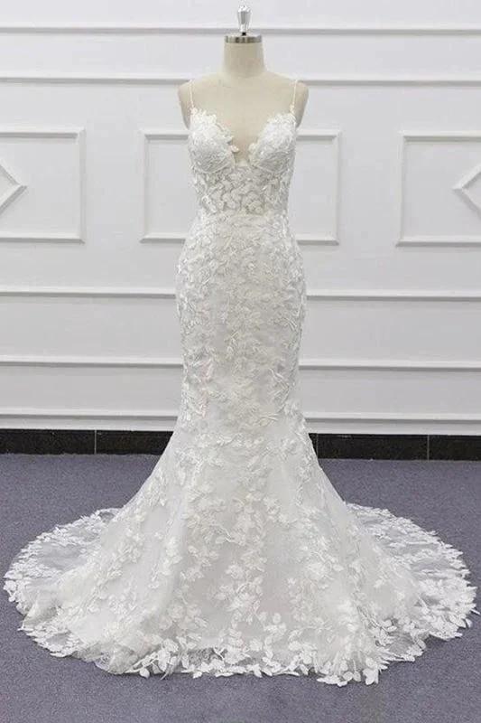 Best Spaghetti Strap Appliques Mermaid Elegant Wedding Dresses (ZD14737)