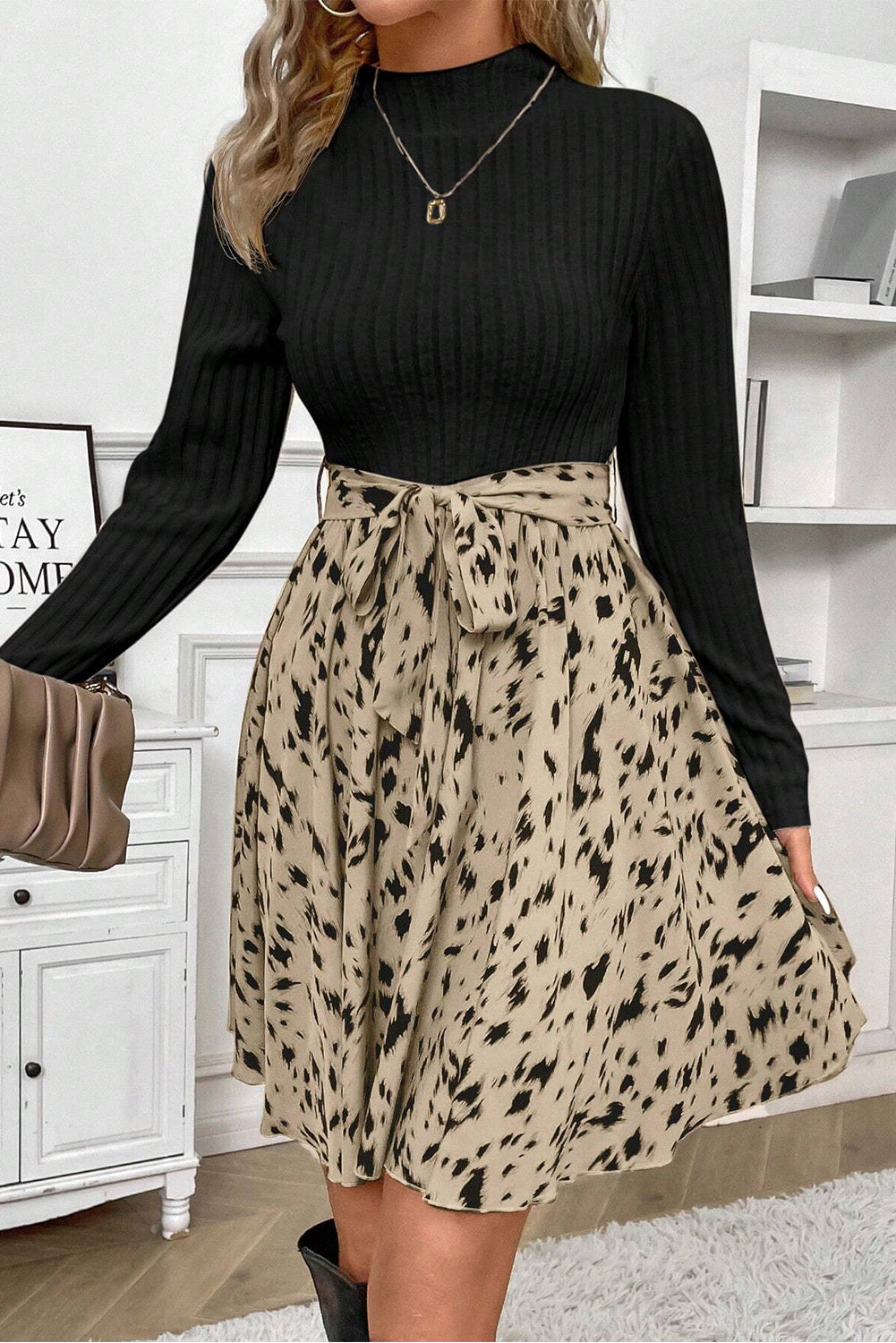 Black Ribbed Knit Patchwork Printed Belted A - line Dress