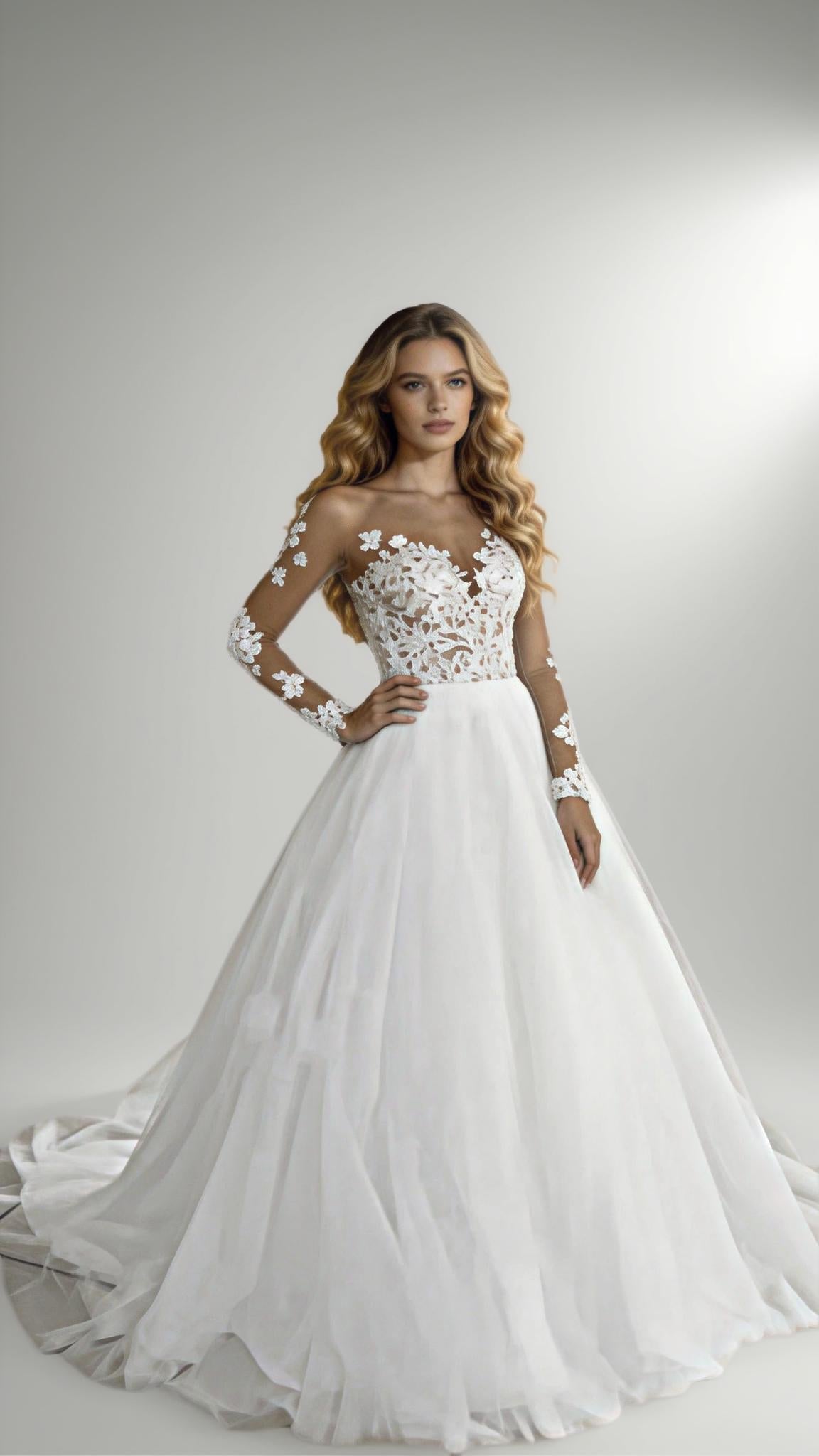 2025 Illusion Scoop Long Sleeve Wedding Dresses Lace Appliques Sheer Back White/ Ivory Tulle Wedding Dress Lace Wedding Gowns (ZD13288)