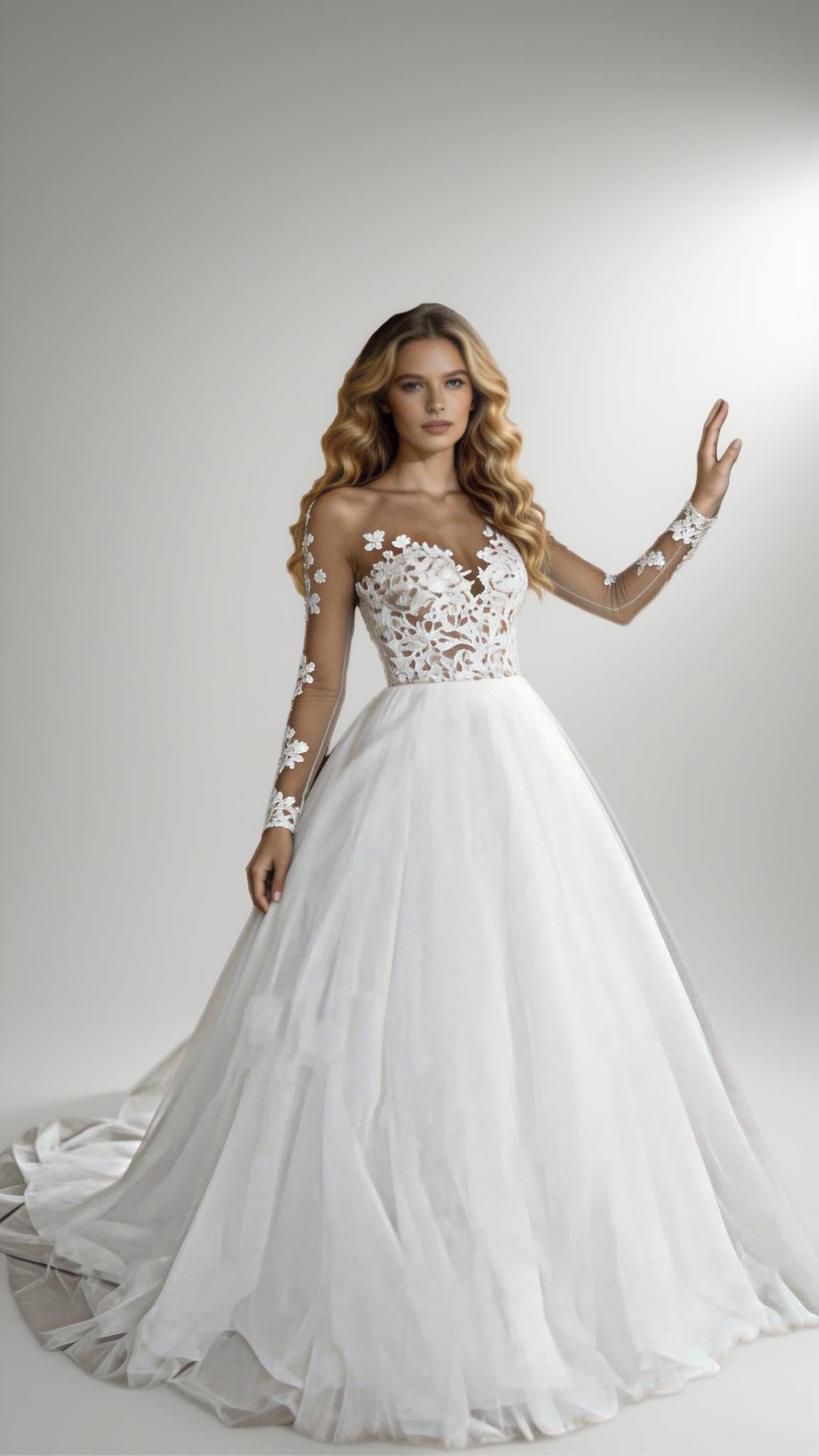 2025 Illusion Scoop Long Sleeve Wedding Dresses Lace Appliques Sheer Back White/ Ivory Tulle Wedding Dress Lace Wedding Gowns (ZD13288)