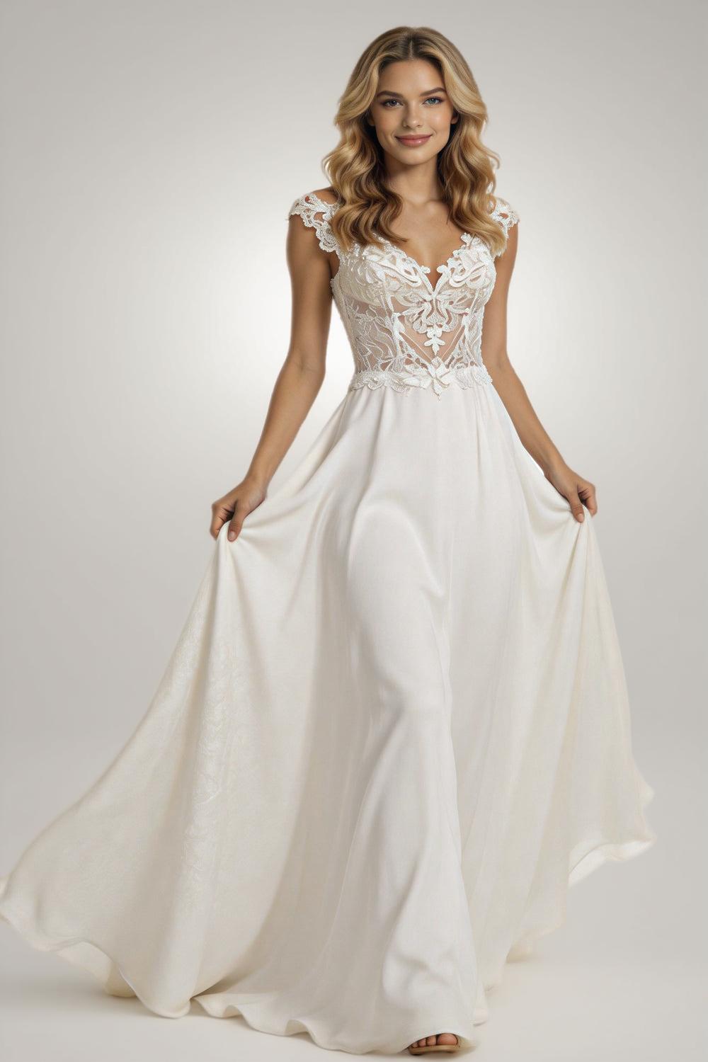 Modern V-Neck Wedding Dresses Lace Appliques Chiffon Backless Boho A-Line Bride Gown Backless Sweep Train Vestido de novia (ZD14088)
