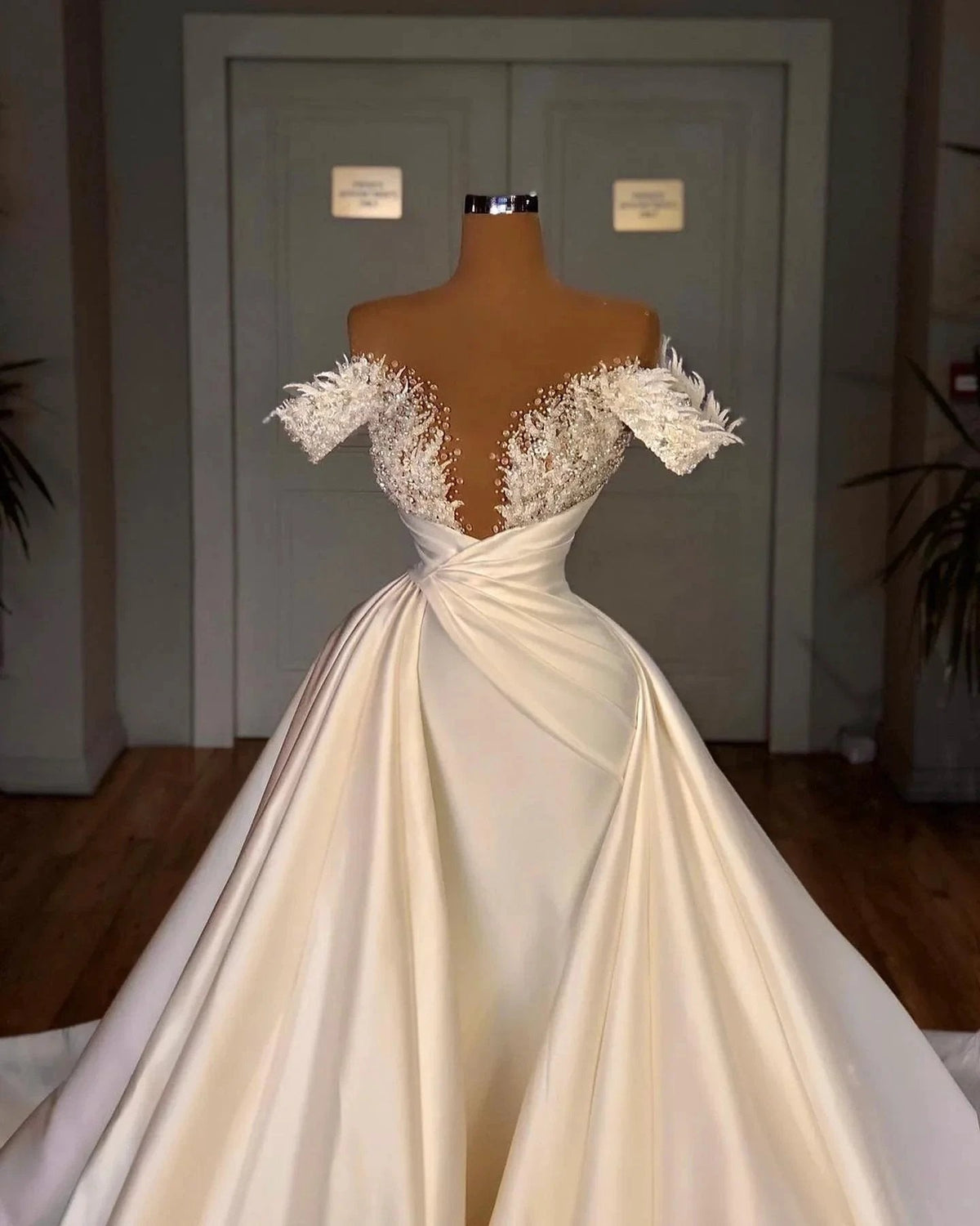 Biztunnel Charming Long A-line Off-the-shoulder Satin Lace Wedding Dresses (ZD16723)
