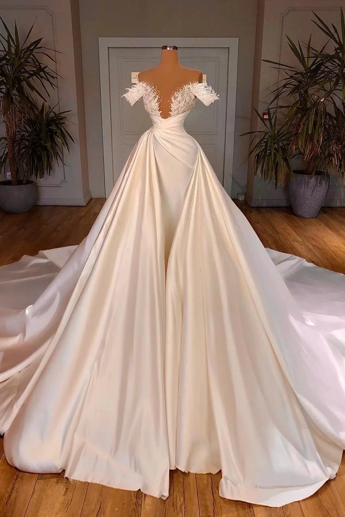 Biztunnel Charming Long A-line Off-the-shoulder Satin Lace Wedding Dresses (ZD16723)