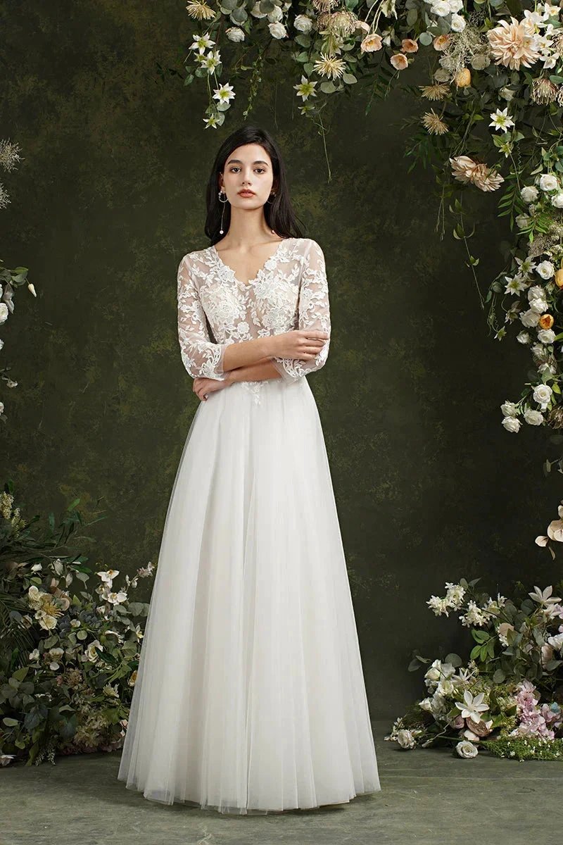 Biztunnel Long A-line Sweetheart Chiffon Lace Wedding Dresses with Sleeves (ZD16714)