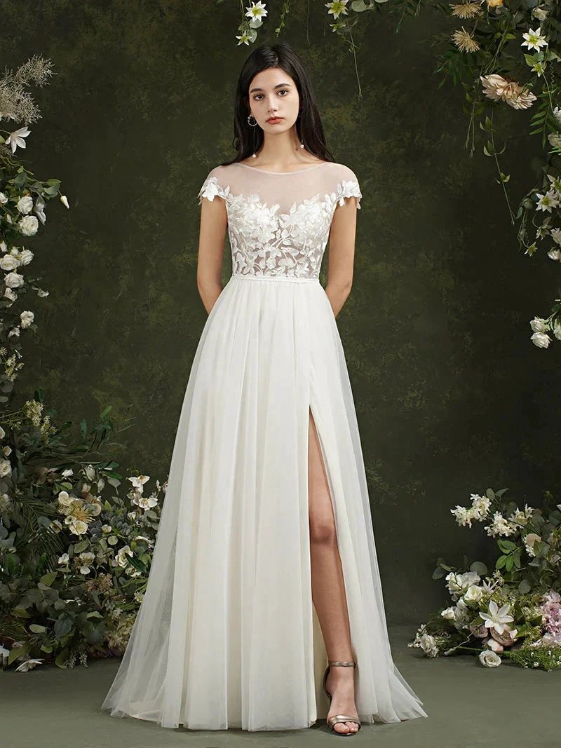 Biztunnel Long A-line Sweetheart Chiffon Lace Wedding Dresses with slit (ZD16715)