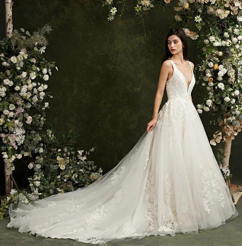 Biztunnel Long A-line V-neck Tulle Lace Backless Wedding Dresses (ZD16716)