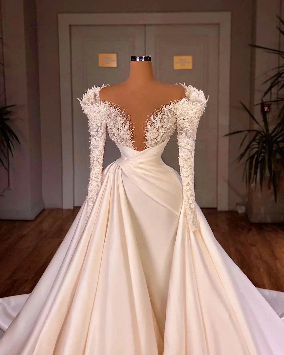 Biztunnel Long Mermaid V-neck Satin Lace Wedding Dresses with Sleeves (ZD16722)