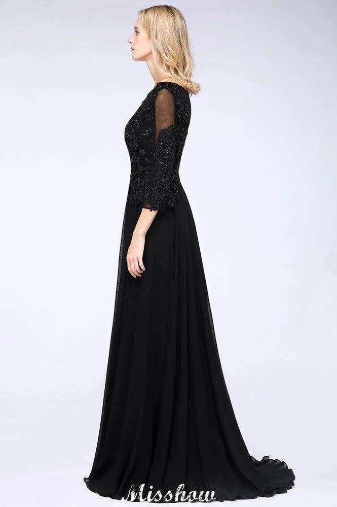 Black 3/4 Sleeves Beads A-Line Appliques Bridesmaid Dresses Tulle Party Dress (ZD12929)