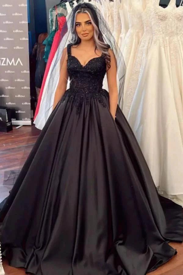 Black Long Ball Gown Sweetheart Satin Ruffles Wedding Dress (ZD14330)