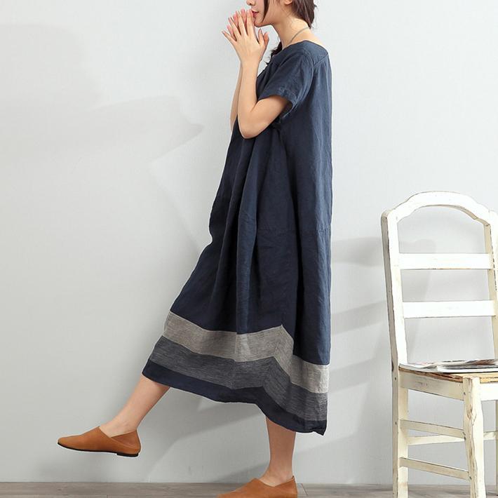 Blue Summer Linen Dresses Oversize Casual Sundress Slash Neck Maxi Dress