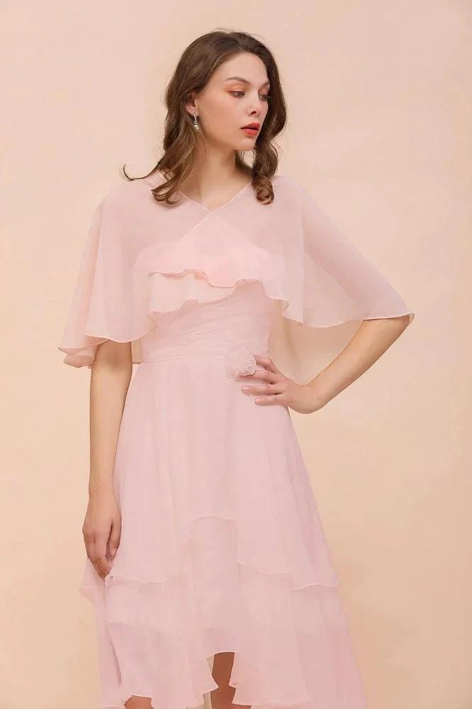 Blushing Pink Bridesmaid Dress Knee Length Simple Chiffon Girls Party Dress with Wraps (ZD13006) - VelvetHem