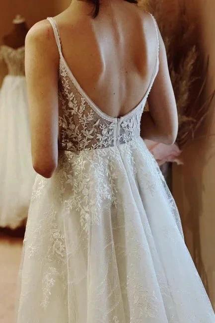Boho A-line V-neck Backless Sleeveless Wedding Dresses With Lace (ZD14924)