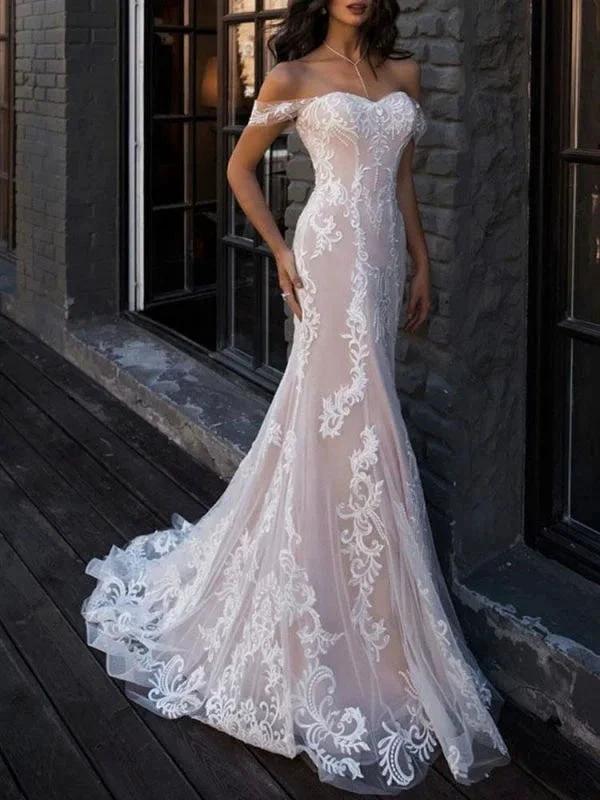 Boho Elegant Wedding Dresses Mermaid Off The Shoulder Customized Lace Short Sleeve Floor Length Bridal Gown With Sweep Train (ZD16582) - VelvetHem