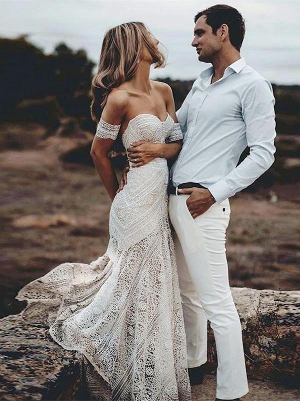 Boho Long Mermaid Sweetheart Lace Ivory Wedding Dresses (ZD15971)
