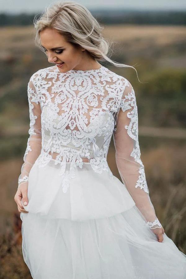 Boho Wedding Dress  V Back Bridal Lace Gown Separates Wedding Dress (ZD15287)