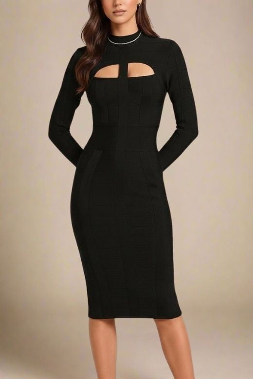 Brooke Long Sleeve Bandage Midi Dress - Classic Black
