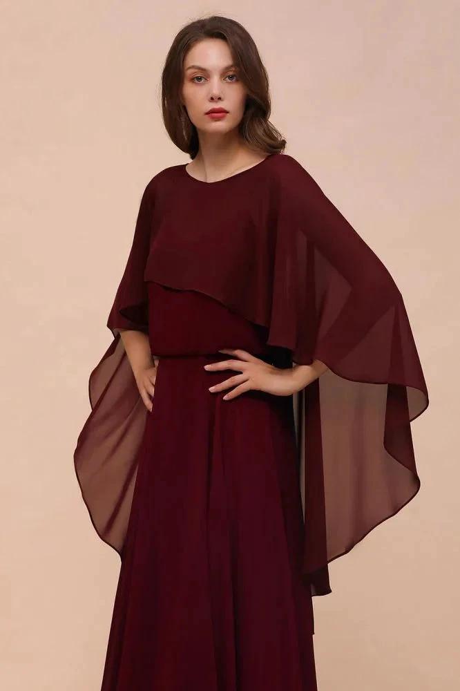 Burgundy Bridesmaid Dresses Spaghetti Straps Chiffon Floor Length Wedding Guest Dress with Back Cape Wraps (ZD13008)