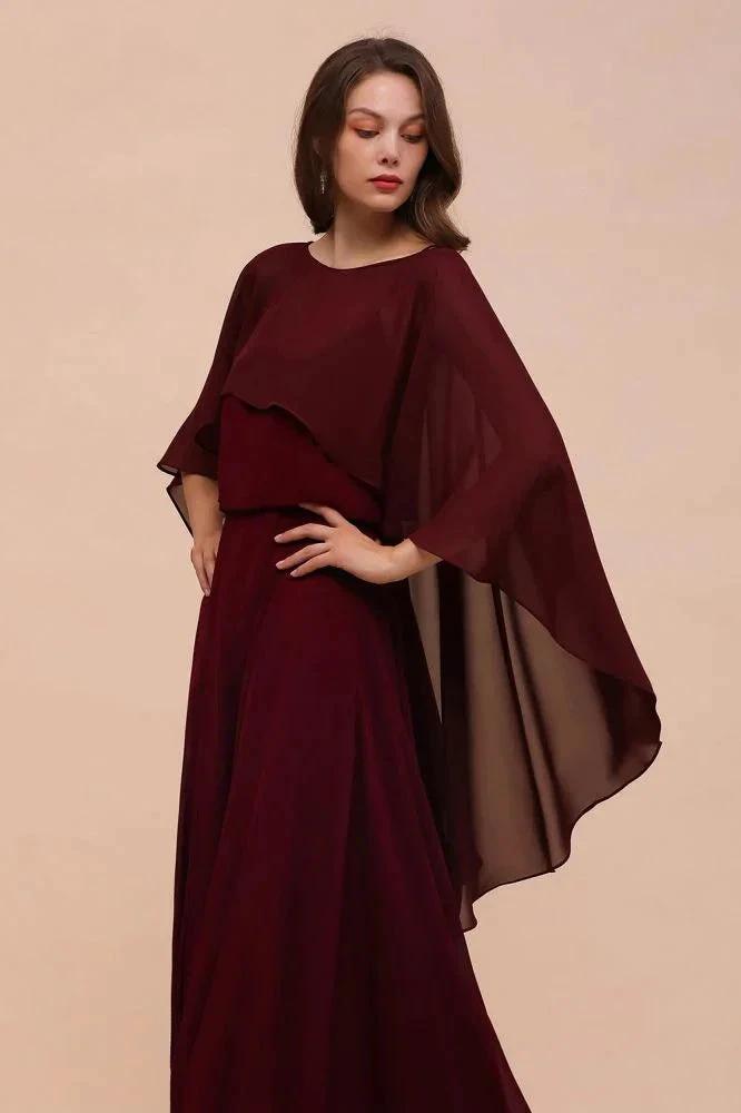 Burgundy Bridesmaid Dresses Spaghetti Straps Chiffon Floor Length Wedding Guest Dress with Back Cape Wraps (ZD13008)