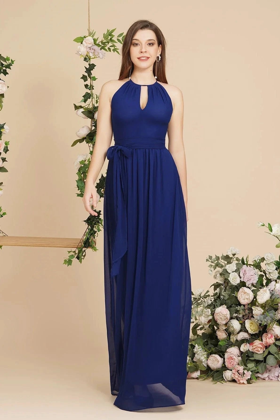 Burgundy Halter A-line Floor Length Bridesmaid Dresses with Bow Sash (ZD13058)