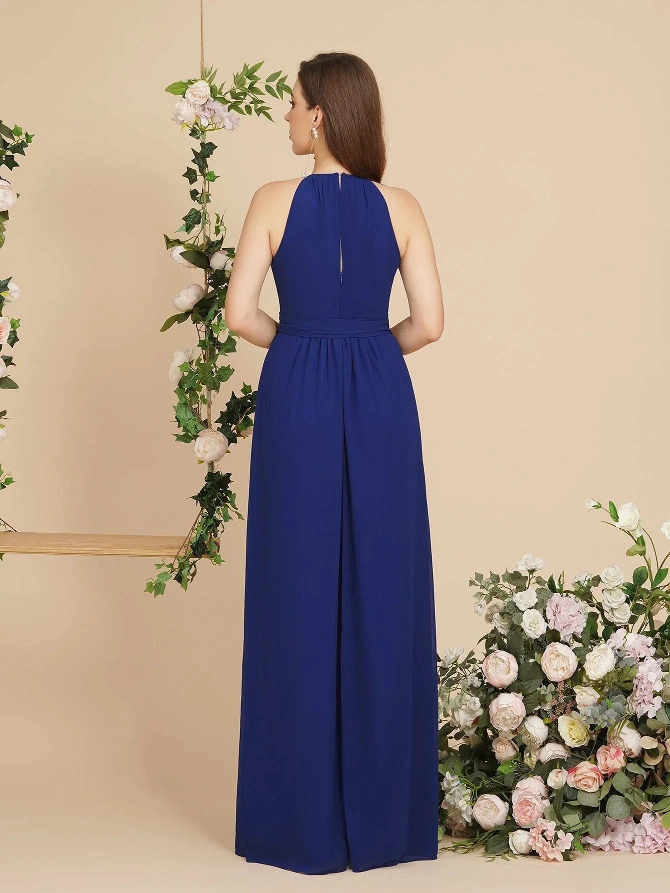 Burgundy Halter A-line Floor Length Bridesmaid Dresses with Bow Sash (ZD13058)