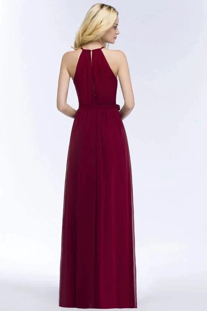 Burgundy Halter A-line Floor Length Bridesmaid Dresses with Bow Sash (ZD13058)